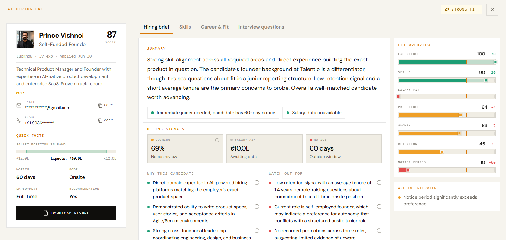 Talentlo AI Hiring Brief showing candidate score, fit overview, hiring signals, and evidence-based recommendations